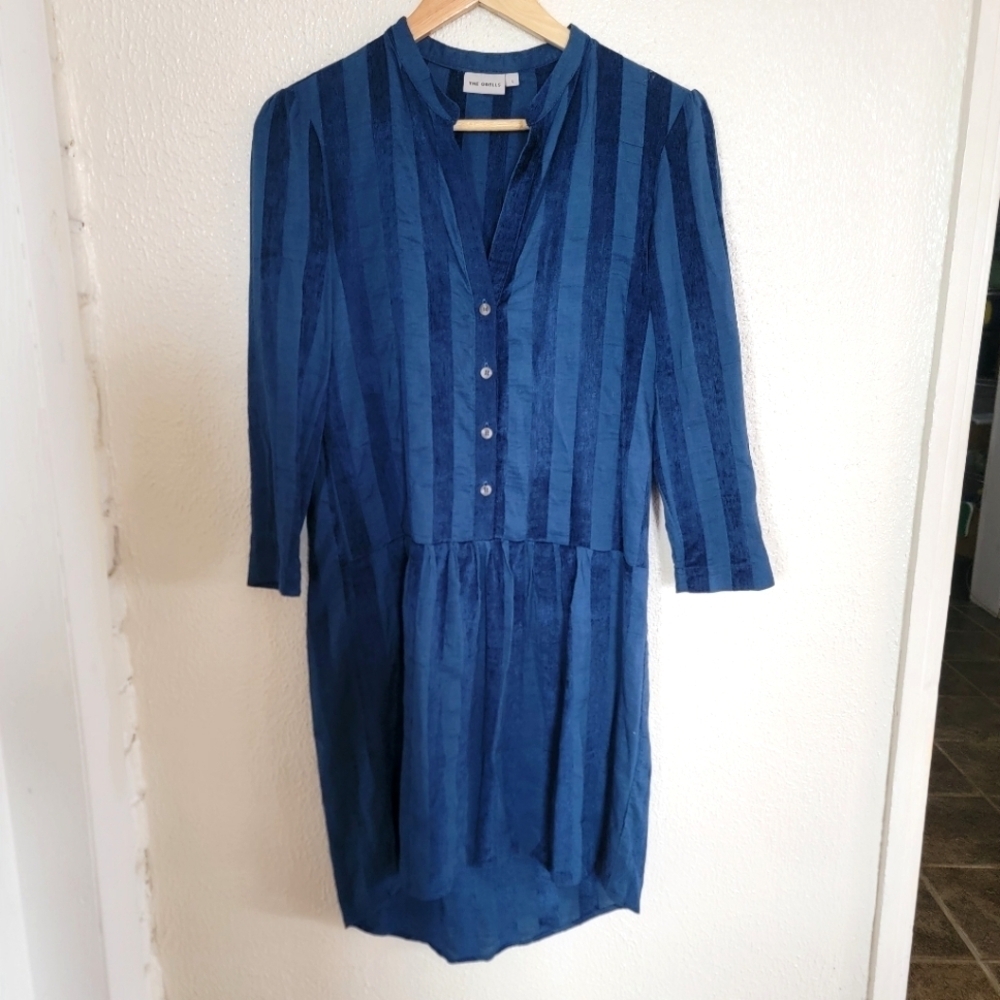 Anthro The Odells Sonia Linen Striped Drop Waist Shirt Dress sz S Dark Teal